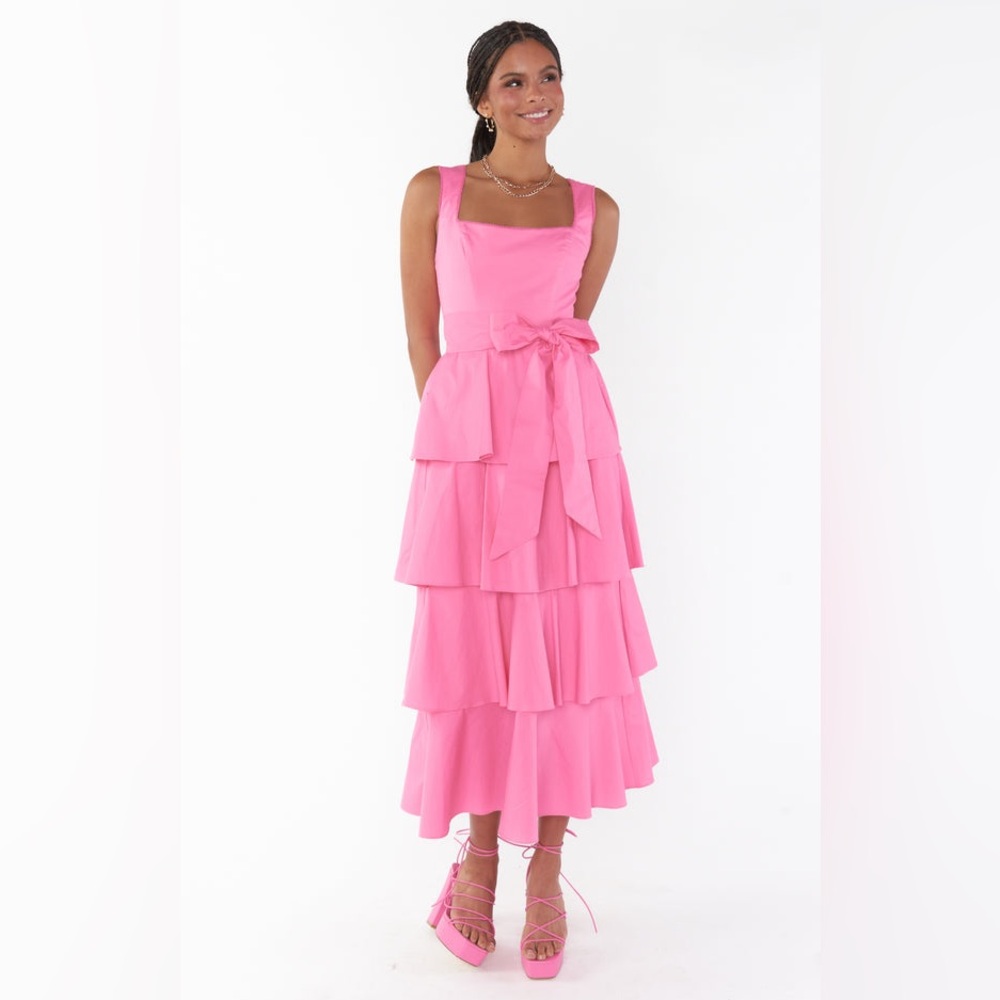 Show Me Your MuMu Pink Tiered Meg Midi Dress